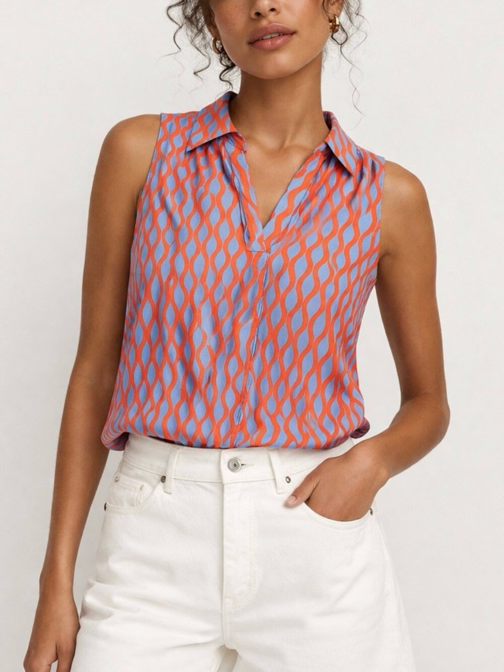 LOFT Sleeveless V-Neck Wave Print Top in Orange and Light Blue Size Large